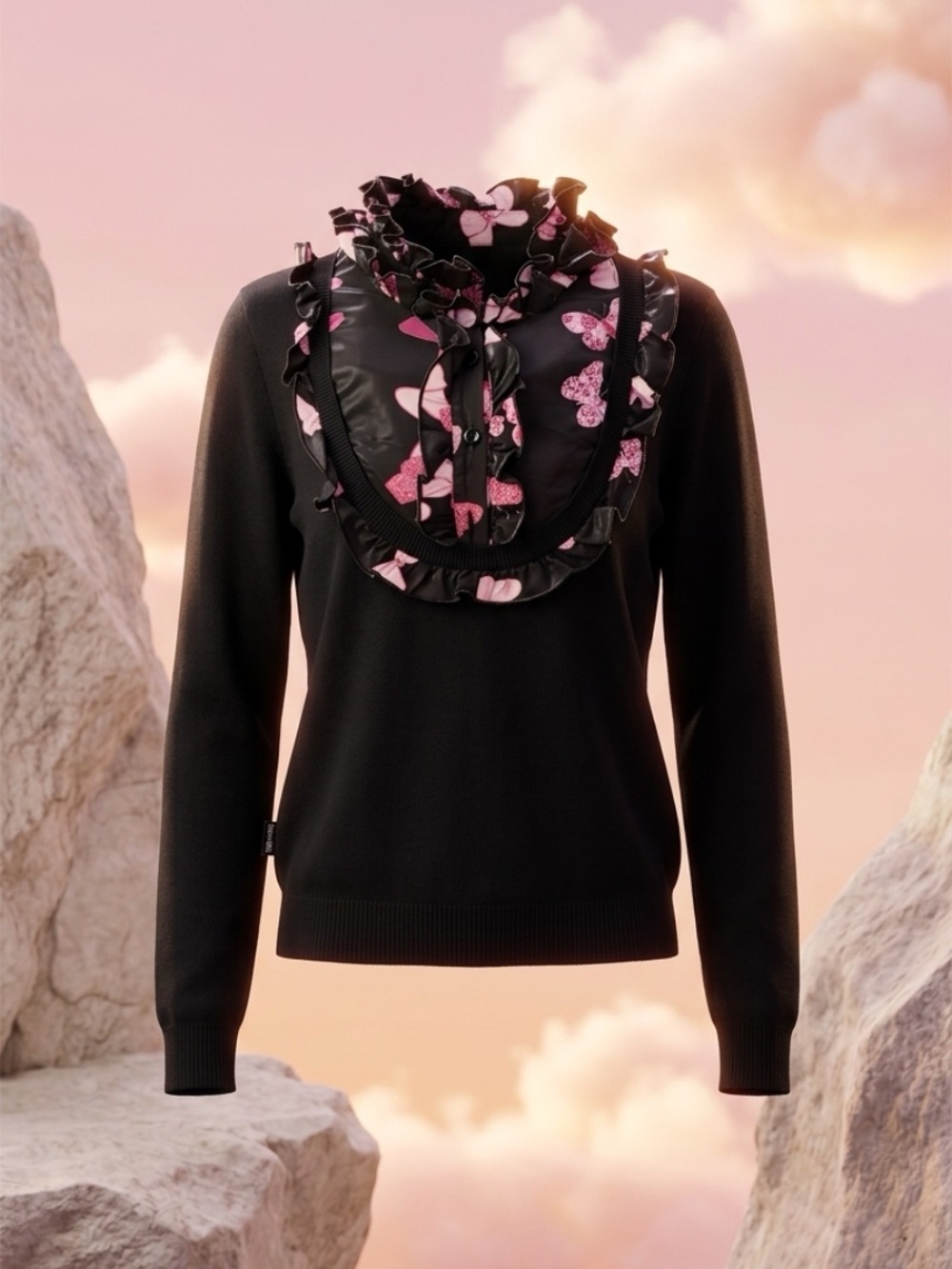 Moschino Black Long Sleeve Top with Pink Heart Ruffle Bib